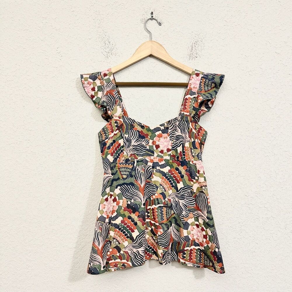 CHUFY Top Blouse Multicolor Geometric Ruffled Smocked Cotton Hippie